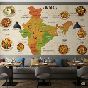 Regions with their cuisines map of India, Restaurant Wallpaper Mural.