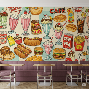 Retro illustrations of classic beverages and snacks.