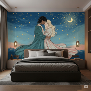Romantic scene bedroom mural for adults.