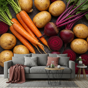 Root vegetables with earthy tones (carrots, beets, potatoes) wallpaper mural.
