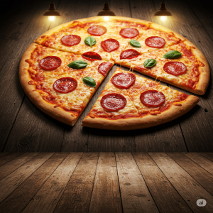 Rustic Wooden Table with Pizza Wall Mural. A warm and inviting scene of a pizza on a weathered wooden surface.
