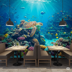 Seafood restaurant 3d aquarium wallpaper mural.