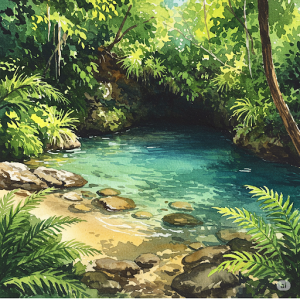 Secret Lagoon Watercolour Nature Wall Painting. Hidden cove, crystal-clear water, lush surroundings.