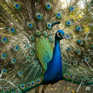 Shattered Glass Effect Wallpaper Mural. A peacock image appears as if seen through fractured, colored glass.