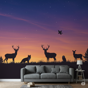 Silhouette Serenity Wallpaper Mural. Dark silhouettes of animals against a vibrant or gradient forest sky.