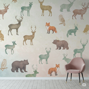 Silhouette Showcase Wallpaper Mural. Elegant silhouettes of 20 different forest animals against a softly coloured or textured background.
