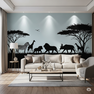 Silhouette of Safari Animal Mural. Living Room Wallpaper Mural.