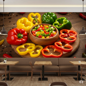 Sliced bell peppers are arranged around a centrally placed bowl, Pizza Restaurant Wallpaper Mural.