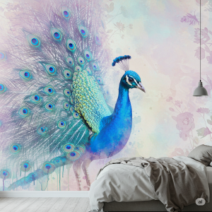 Soft, bleeding watercolour tones forming a dreamlike peacock bedroom wallpaper mural.