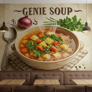 Soup with visible herbs and vegetables restaurant mural.