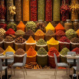 Spice Market Display Restaurant 3d Wallpaper Mural. Vibrant colours and textures of various spices.