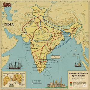 Spice Route Map Wallpaper Mural. A map highlighting historical and modern spice trade routes across India. 