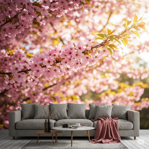 Spring Blossom Scene Wallpaper Mural. Cherry blossoms, new leaves, vibrant greens, rebirth.