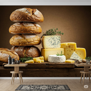 Stacked Rustic Bread & Cheese Restaurant Wallpaper Mural