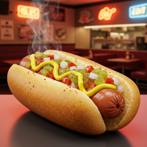 Steaming hot dog with various toppings. 
