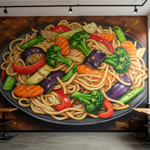 Stir-fry with vibrant vegetables and noodles mural