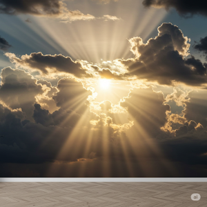 Sunburst through Clouds Bespoke Nature Mural Painting. Dramatic light rays.