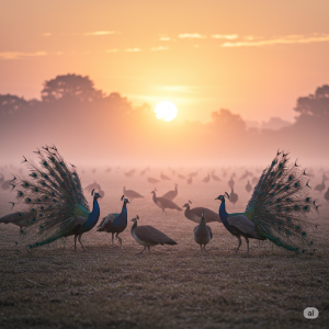 Sunrise Awakening Wallpaper Mural. Peacocks at dawn, bathed in warm, golden light and soft pastels.