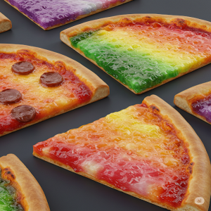 Surprising Color Gradients on Pizza Slices Mural. Individual pizza slices featuring unexpected and vibrant color gradients that don't necessarily match the real ingredients.