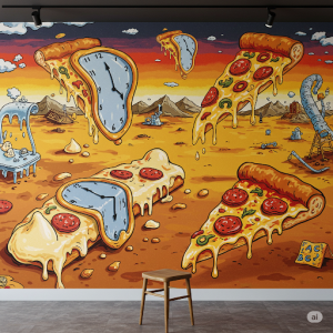 Surreal Pizza Dreamscape Mural. Dreamlike, hand-drawn scenes with melting clocks made of cheese and floating pizza slices.