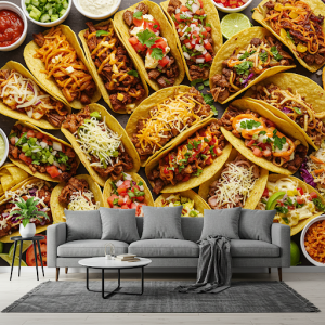 Taco spread with different fillings food wallpaper mural.