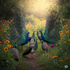 The Peacocks' Feast Wallpaper Mural. Peacocks gathered around a bountiful natural setting.