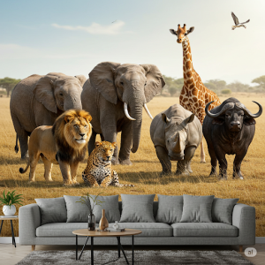 The big five photorealistic wildlife wallpaper mural.