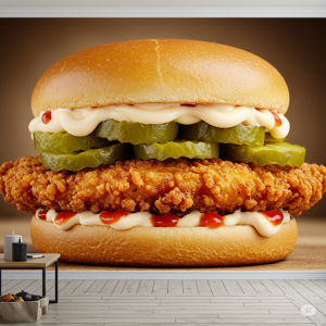 The crispy chicken fillet with pickles and spicy mayonnaise sandwich wallpaper mural.