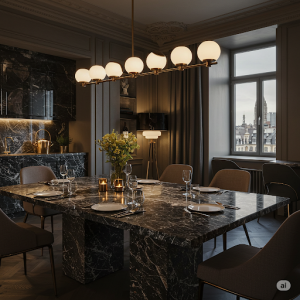 The dining room granite 3D wallpaper mural exudes luxury and refinement. It is a sophisticated dining room where the rich texture of "granite" adds a touch of modern grandeur. 