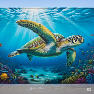 The graceful sea turtle is swimming through the ocean, an animal mural. 