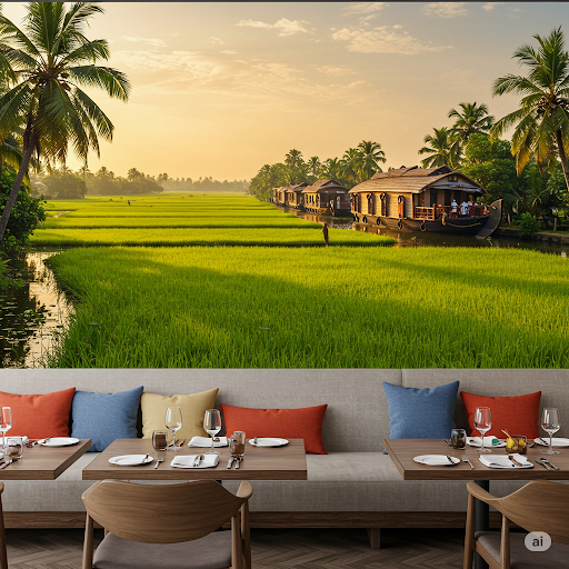 The serenity of Kerala's backwaters, Indian Restaurant Wallpaper Mural. The serenity of Kerala's backwaters.