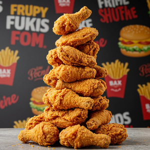 Towering stack of crispy fried chicken pieces, fast food wallpaper mural