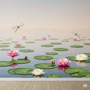 Tranquil Lake with Lily Pads Wall Art. Still water, dragonflies, water lilies.