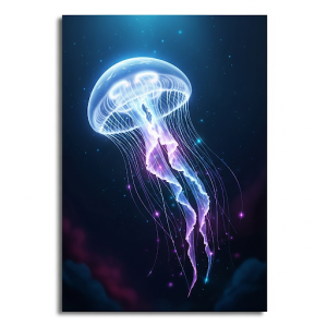 Translucent jellyfish with glowing tentacles in the deep sea, wall art. 