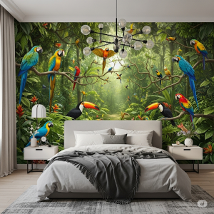 Tropical Aviary Bedroom Wallpaper. A vibrant mural featuring a lush rainforest canopy filled with exotic birds like macaws, toucans, and parrots. 