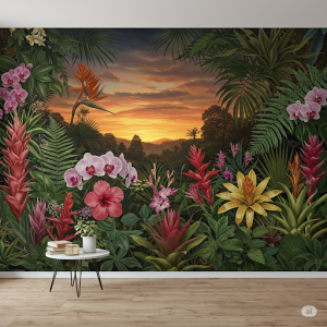 Tropical Botanical Garden Mural Painting. An explosion of exotic flowers, ferns, and vibrant foliage.