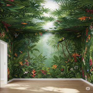Tropical Canopy Illusion: A mural that extends onto the ceiling, creating the feeling of being under a dense tropical canopy