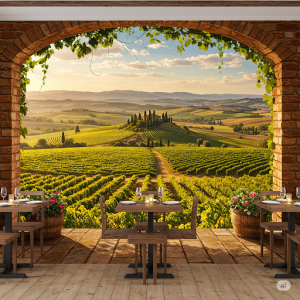Tuscan Vineyard Vista Mural. A 3D mural that makes it feel like you're looking out from the trattoria onto a rolling Tuscan vineyard. 