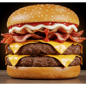 Two beef patties, cheese, six strips of bacon, ketchup, and mayonnaise wallpaper mural.