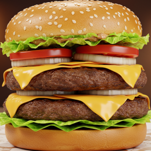 Two beef patties, two slices of cheese, grilled onions, spread, lettuce, and tomato.