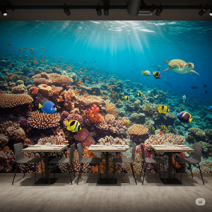 Underwater Coral Reef Wallpaper Mural in a Seafood Restaurant. A vibrant explosion of color, fish, and diverse marine life.
