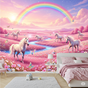 magical landscapes with unicorns and rainbows.