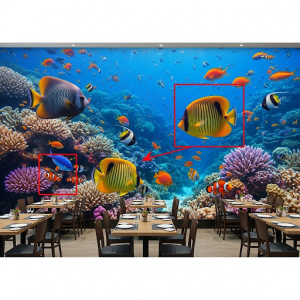  Various tropical fish swimming among coral formations, a seafood restaurant wallpaper mural.
