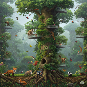 Vertical Forest Journey Wallpaper Mural. Animals appear along the height of the mural, from ground-dwelling creatures at the bottom to birds in the canopy at the top. 