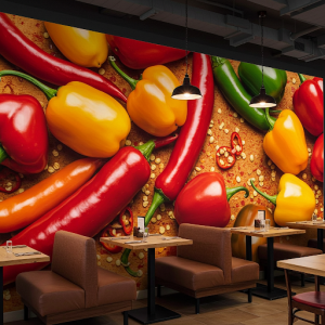 Vibrant chili peppers in a fiery display restaurant mural.