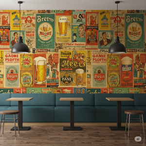 Vintage Beer Ads Reimagined Bar Wallpaper Mural. Modern twist on classic ads.
