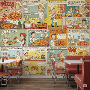Vintage Pizza Comic Strip Wall Mural. A series of cartoon panels telling a humorous story about making or eating pizza.
