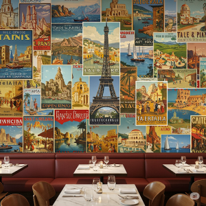 Vintage Travel Posters for a fine dining restaurant wall mural. Layered to create a sense of depth.