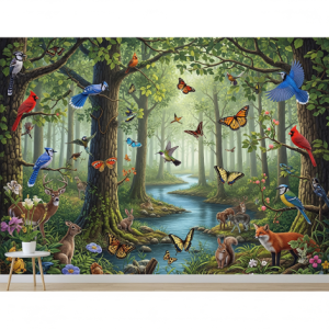Wallpaper mural featuring birds, butterflies, and other animals in their natural habitat.