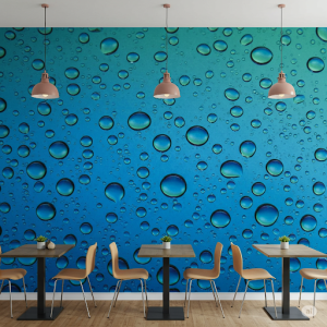 Water Droplet Magnification Cafe Wallpaper. A mural that magnifies the intricate patterns formed by water droplets on a surface, rendered in beautiful 3D relief. 